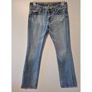 Express Jeans Women's 8 Long Blue Denim Bootcut Flare Embroidered pocket logo